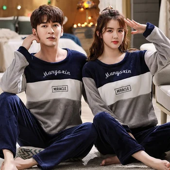 

2020 Winter Couple Long Sleeve Thick Warm Flannel Pajama Sets For Women Coral Velvet Sleepwear Pyjamas Men Homewear Home Clothes