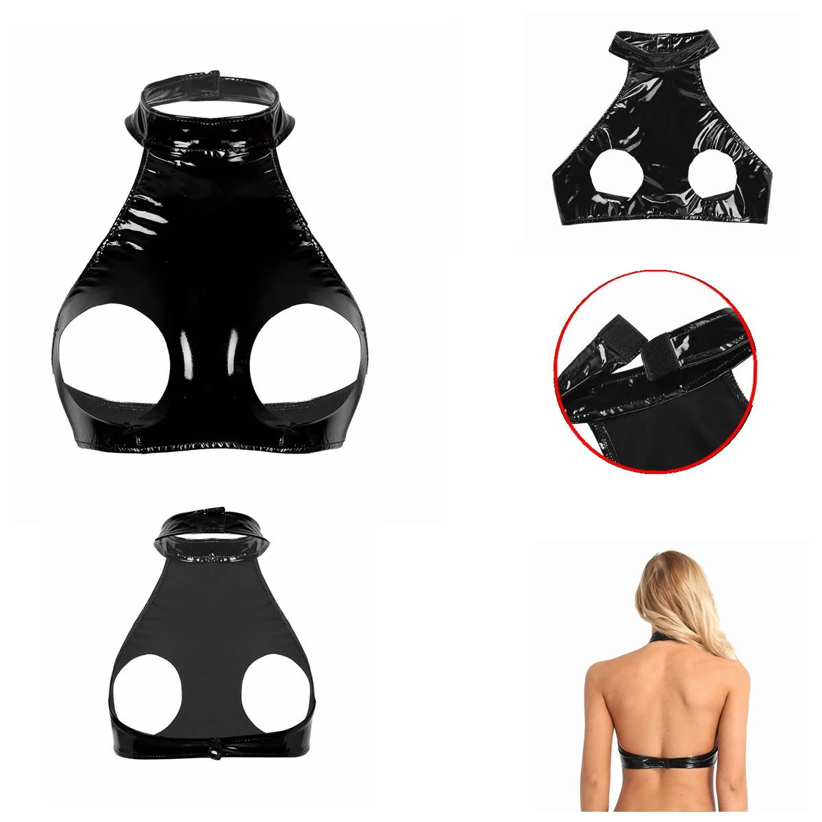 Women Sexy Erotic Nipple exposed Bra Top Wet Look Faux Leather Sleeveless Halter Neck Backless Open Cup Bust Crop Tank Tops