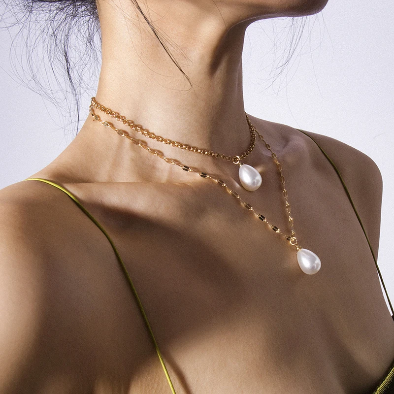 SRCOI Двухслойное длинное жемчужное ожерелье модное ретро имитация жемчуга Геометрическая Золотая цепочка персонализированное свадебное ожерелье