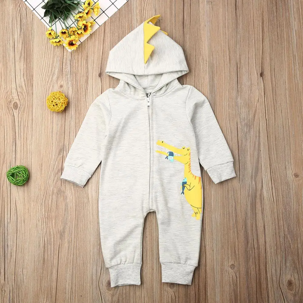 Light Grey Комбинезон с длинными рукавами и капюшоном для новорожденных мальчиков и девочек с изображением акулы из мультфильма; комбинезон на молнии - Цвет: Light Grey