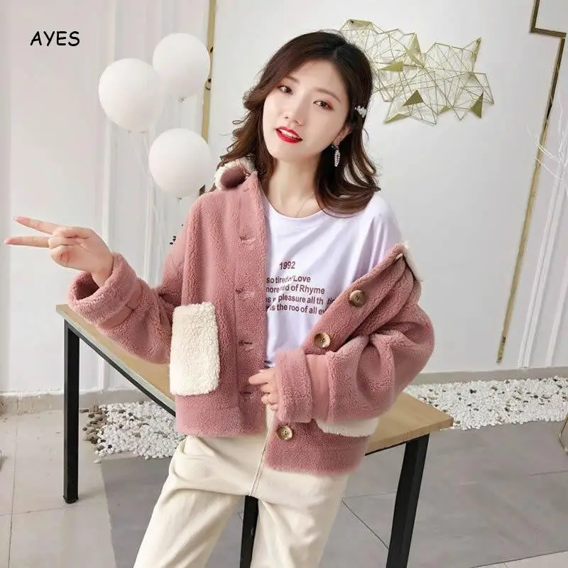 Корейский стиль, шерстяное пальто для женщин, Осень-зима, плотное пальто из смесовой ткани, Женская куртка с длинным рукавом, повседневное короткое пальто розового и синего цвета для женщин