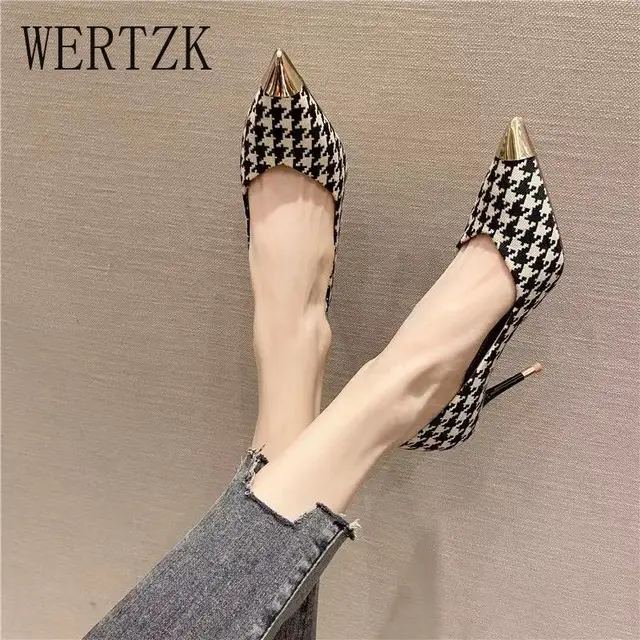 2021 Sexy Ladies High Heels Women Stiletto Houndstooth Color Matching Metal Pointed Toe Shoes for Wedding Women 3