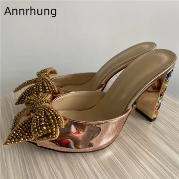 

Jeweled Rhinestone Bowtie Runway Mules Bright Patent Leather High Heel Peep Toes Diamond Hoof Heel Summer 2020 Slippers Women
