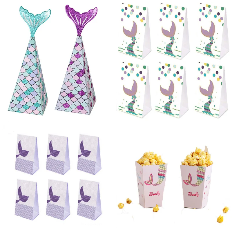 

Mermaid Theme Party Supplies 5/6PCS Mermaid Tail Candy Box Paper Popcorn Snack Boxes Kids Birthday Baby Shower Party Decorations