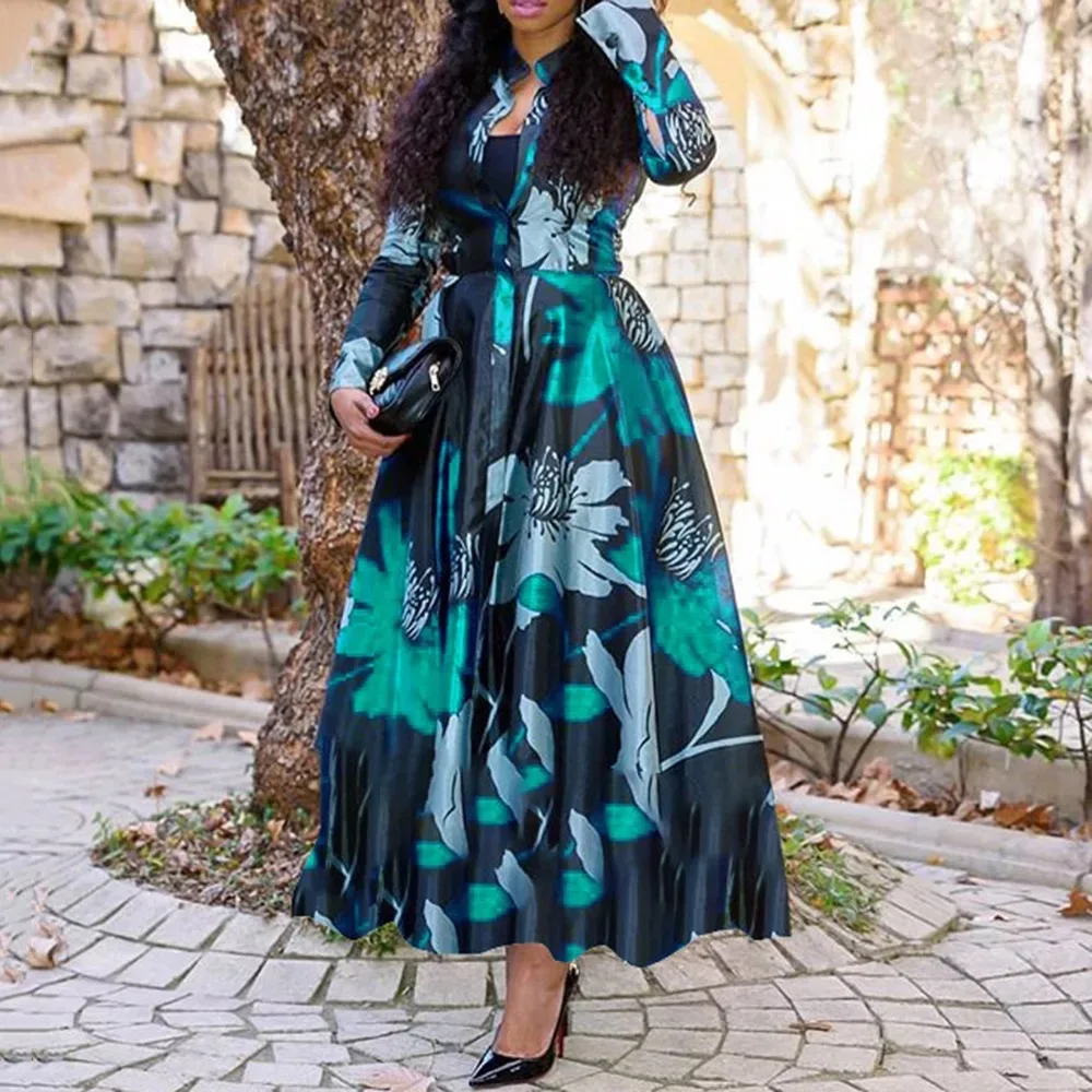 

African Retro Vintage Autumn Fall Maxi Dress Women Plus Size Floral Print Office Lady Elegant Evening Dinner Vestidos Femme Robe