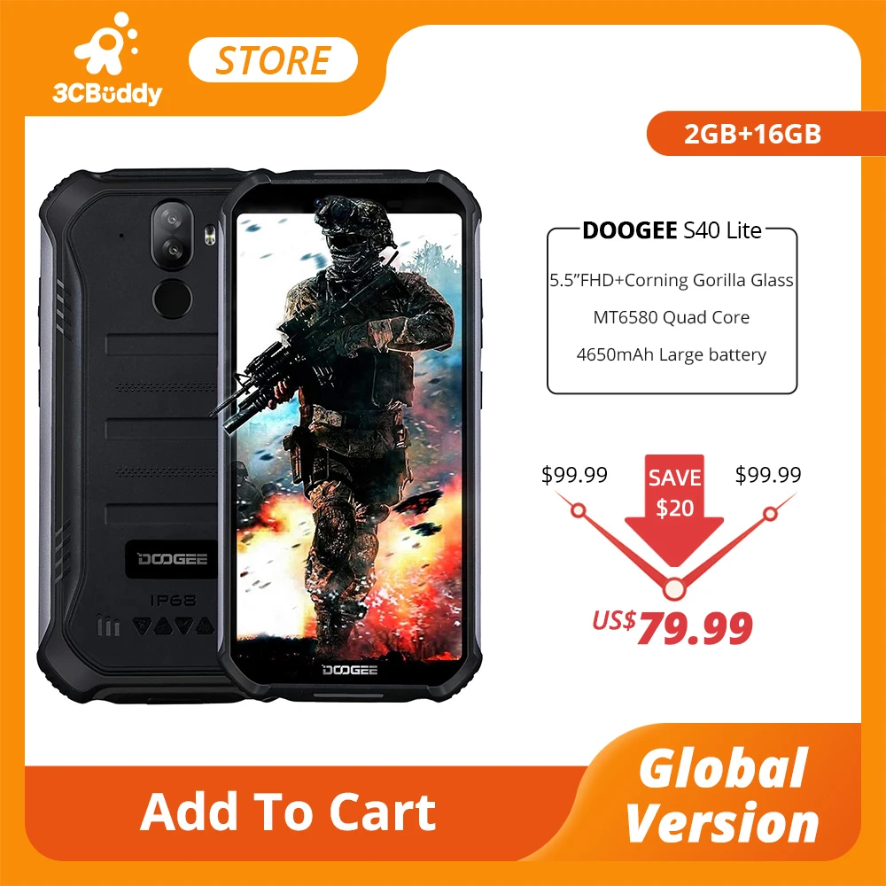 IP68 DOOGEE S40 Lite Rugged Phone Mobile Phone 5.5inch Display 4650mAh 8.0MP Fingerprint Quad Core 2GB 16GB Android 9.0