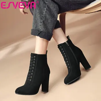 

ESVEVA 2021 Flock Zipper+Lace Up Classic Square High Heel PU Leather Ankle Boots Platform Women Boots Shoes Boots Size 34-43