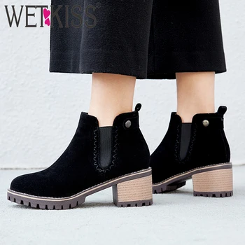 

WETKISS Thick Platform Women Ankle Boot Round Toe Thick Heel High Shoes Elastic Band Female Bootie Casual Fashion Chelsea Boot