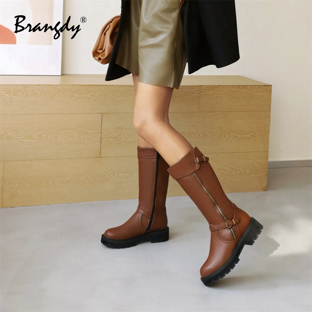 Brangdy Women Knee Hight Boots PU Leather Wedges Metal Decoration Women Shoes Round Toe Zipper Women Winter Brock Boots With Fur