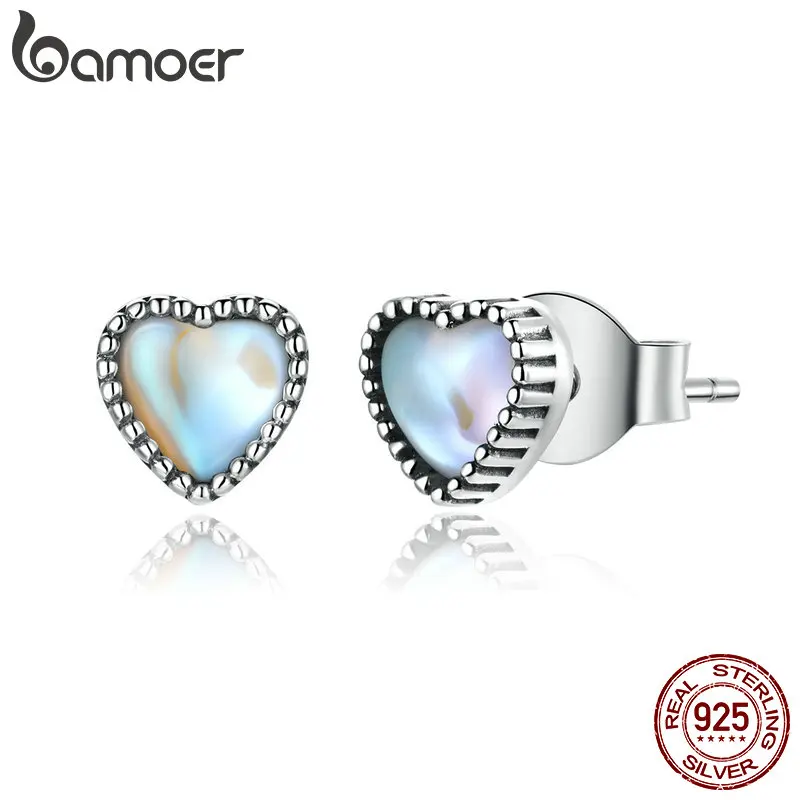 Женские серьги гвоздики bamoer из настоящего серебра 925 пробы с сердцем стекла