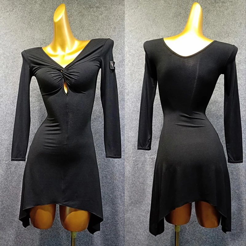 

New Women Latin Dance Long Sleeves Dress Practice Wear Rumba Dress Performance Outfit Stage Wear Woman Black Latin Dress VDB922