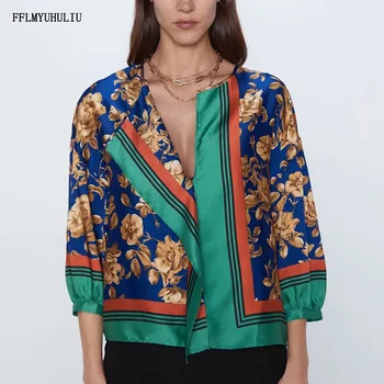 

Fashion new print blouse V-neck loose stain stitching casual blouse short boho ladies blouse and tops