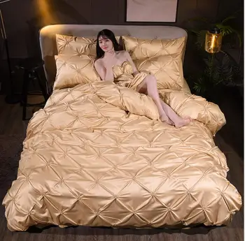 

Golden Imitated Silk Cotton Bedclothes Bed sheet linen 4/6pcs Solid Princess Bedding Silky Satin Duvet cover set Queen King Size