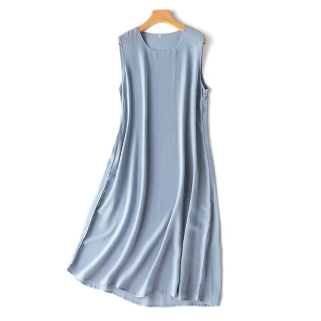 SuyaDream Woman Mini Dress 100%Silk Crepe Solid A line Sleeveless O neck Tank Dresses 2021 Spring Summer Chic Dress Light Blue