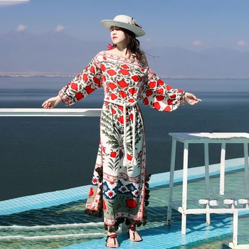 

[EWQ] 2020 Spring Summer New Arrivals Slash Neck Wrist Sleeve High Waist Pting Pattern Women Casual Loose Dress AY05909S