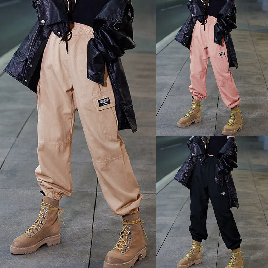 Women Loose Harem Pants Drawstring Side Pockets Long Pant Winter Spring Elastic Waist Trousers Female Street Style Cargo Trouser