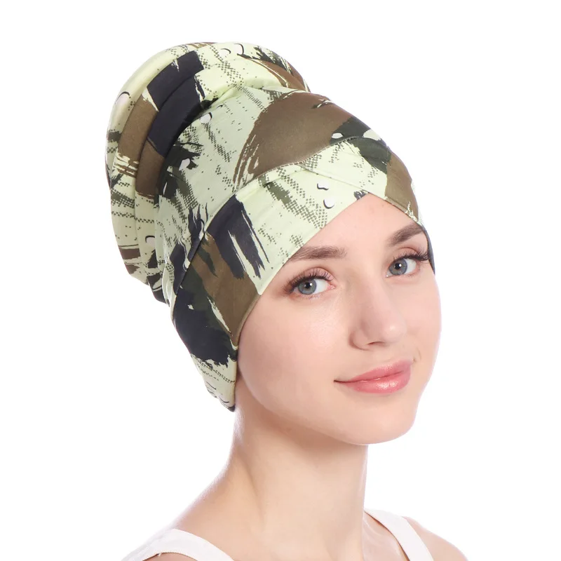Muslim Women Stretch Cotton Floral Leaf Print Turban Hats Chemo Beanie chemotherapy Hijab Pleated Wrap Cover Hair Accessories