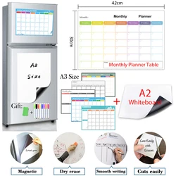 Tableau blanc magnétique, format A2, avec planificateur mensuel et hebdomadaire, effacement à sec, calendrier du réfrigérateur pour autocollants 