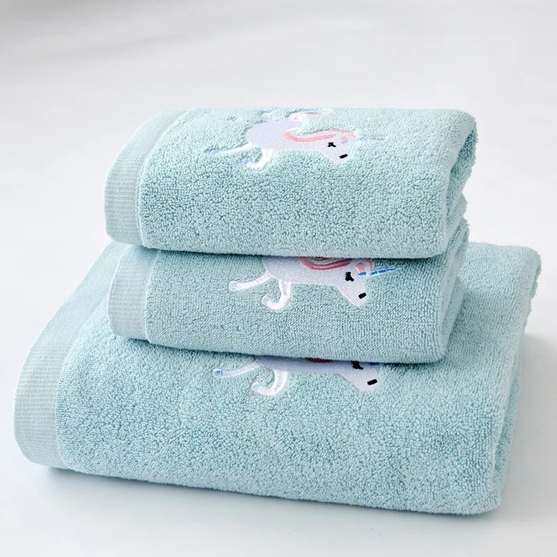 1/2/3PCS Towel Set Cotton Unicorn Towel Bath Towel Cute Cartoon Thickened Face Shower Towel Set Soft Blue Pink 70x140cm 3