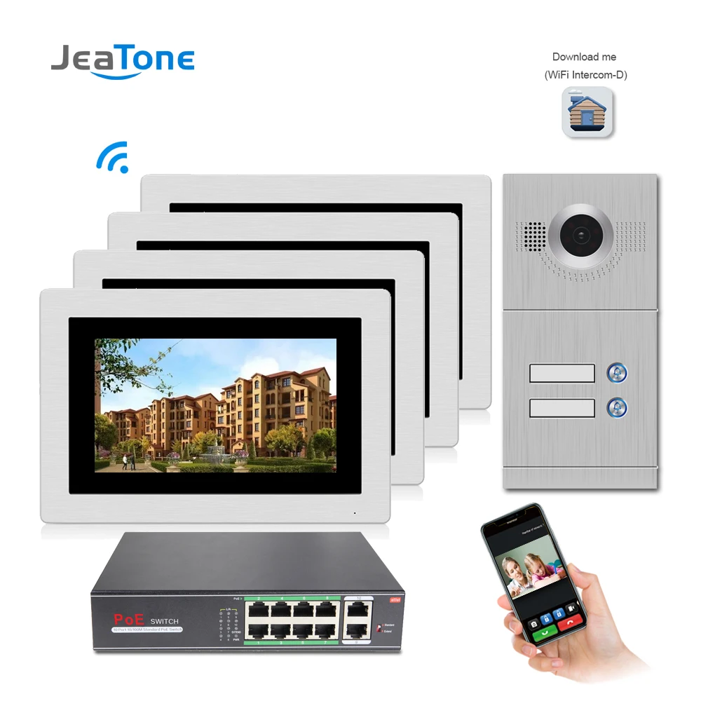 ##BUY IP Door Phone WIFI Video Intercom Video Doorbell 7 #039; #039; Touch Screen for 4 Separate Apartments Can add Gas Smoke Water Alarm Sensor