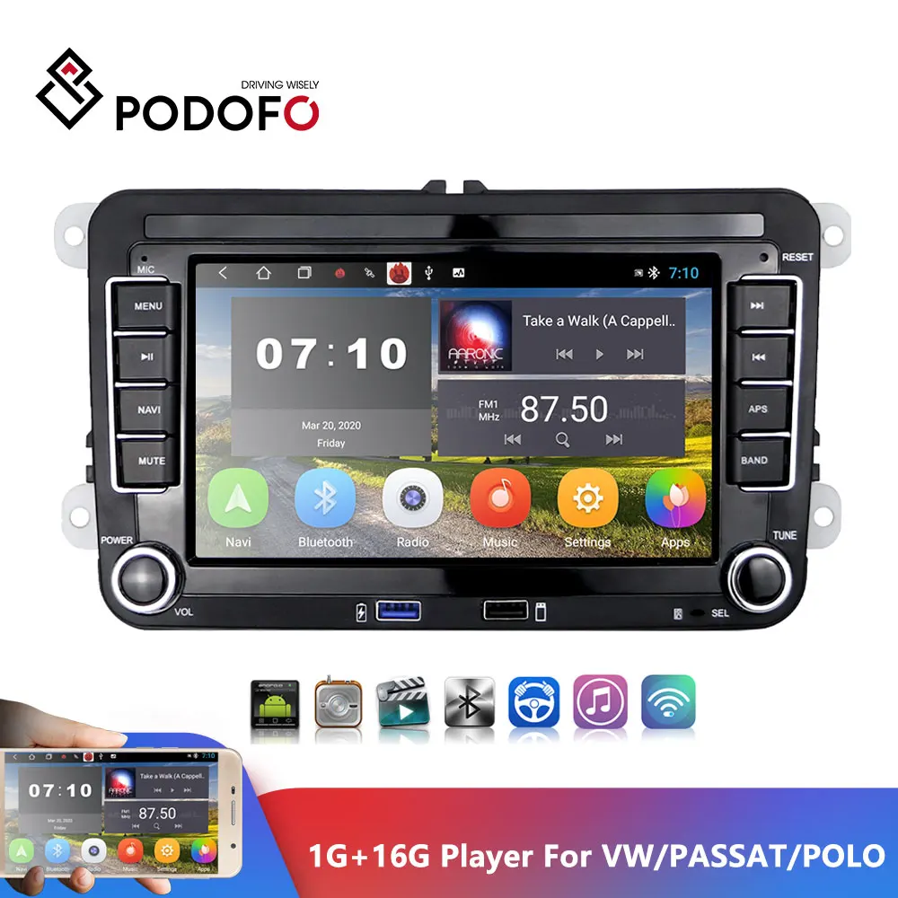 Podofo 2Din автомобильный плеер авторадио 7 &quotVW Android сенсорный экран Радио мультимедийный GPS навигация Bluetooth два