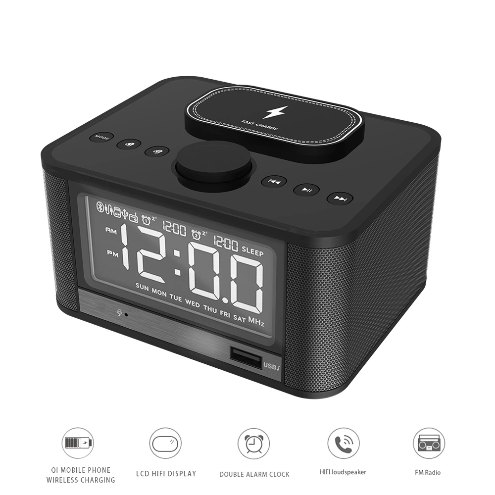 Bluetooth динамик FM радио TF будильник QI Беспроводная зарядка светодиодный цифровой