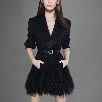 

Woman Blazer dress High Street Women Formal Slim Black Long Blazers Shawl Collar Feather Patchwork Blazer with Belt
