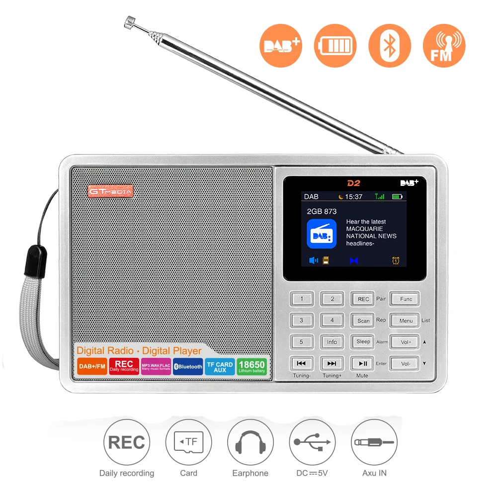 GTMEDIA D2 портативный DAB радио цифровой FM радио Bluetooth динамик AUX в TF слот для карты MP3 плеер наушники для записи разъем