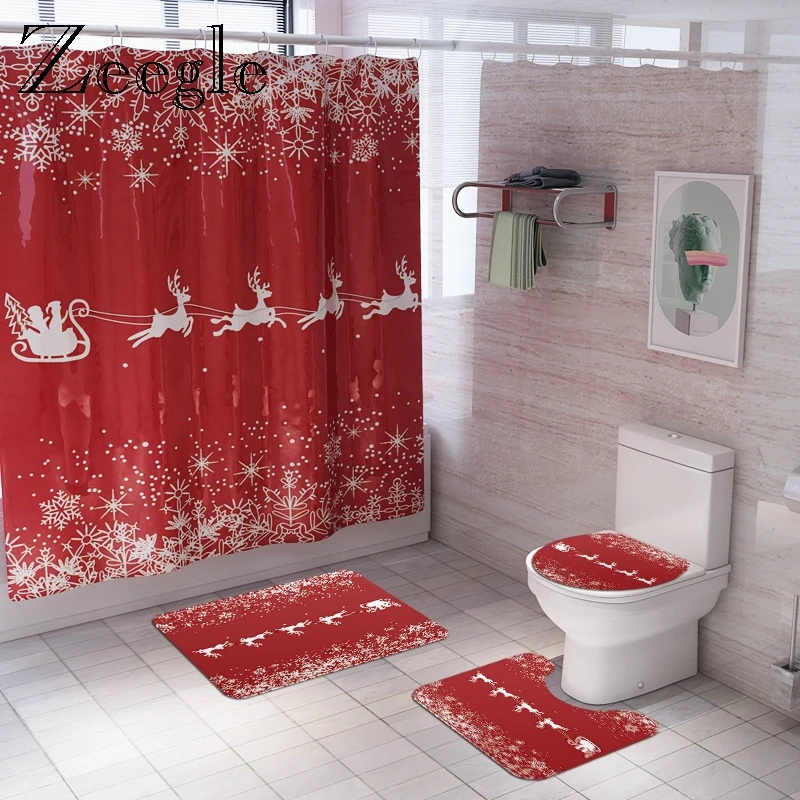 Zeegle New Year Bath Mat Set Christmas Wapiti Bath Shower Curtain Anti-slip Toilet Doormat Floor Rug Waterproof Shower Curtain