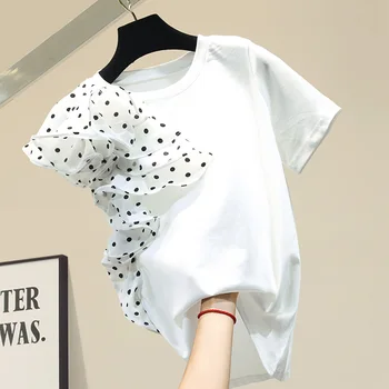 

Stitching Polka Dot Cotton T-shirt for Women Ins Super Fashion Dot Tshirt Girls Ladies Black White Pink Short Sleeve T Shirt