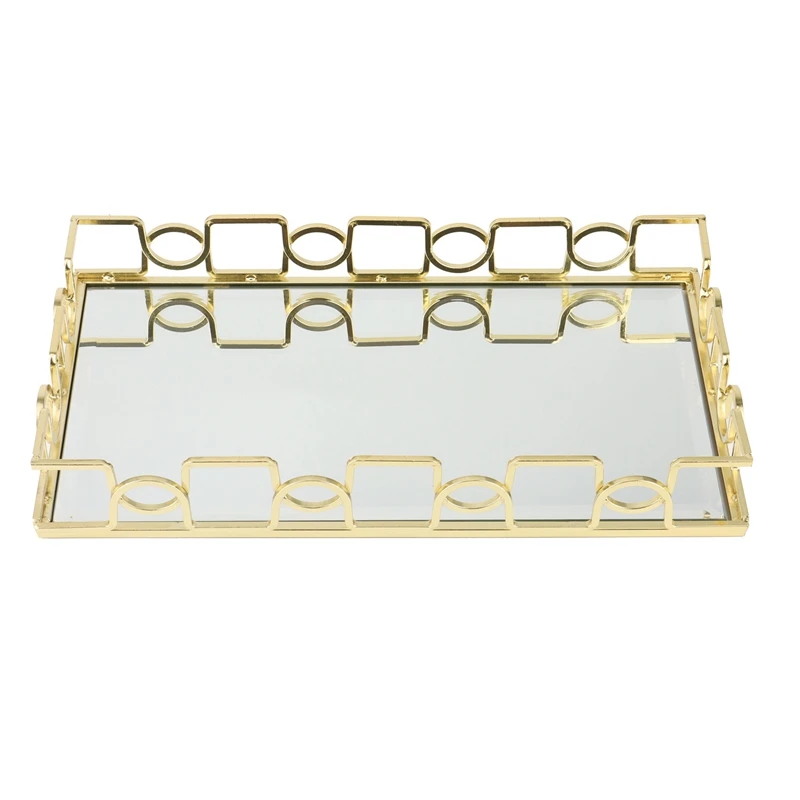 Golden Glass Tray Mirror Metal Jewelry Display Decorative Fruit Organizer | Дом и сад