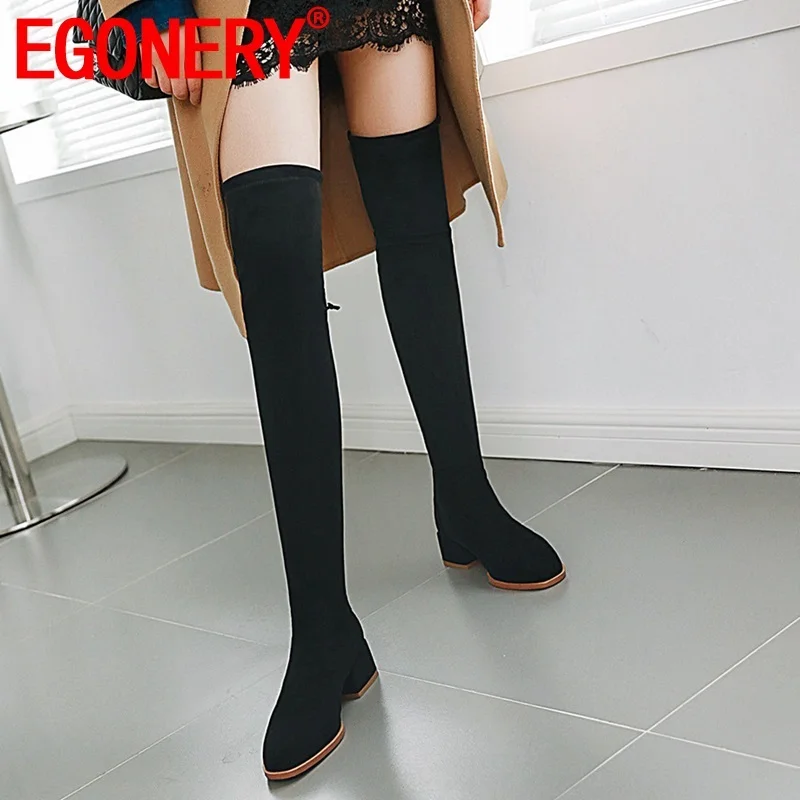 

EGONERY winter new concise over knee boots outside warm comfortable round toe flock black women shoes drop shipping size 34-40