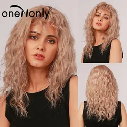 oneNonly Medium Length Curly Wave Ombre Brown Blonde Synthetic Wigs with Bangs for Women Cosplay Daily Wig Heat Resistant