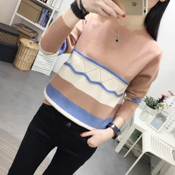 

2020 edition striped sweater sets loose long-sleeved round collar web celebrity sweater female render unlined upper garment