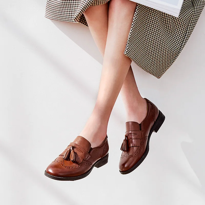 BeauToday mocasines con flecos mujer, zapatos planos informales con punta redonda y Brogue de Piel De Becerro auténtica, hechos a mano, 27077|shoes shoesoxfords women - AliExpress