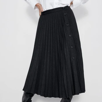 

ZA Women's Single-breasted Skirt Black Pleated Drape Side Button Decoration Half-length Skirt Party Shopping Gift