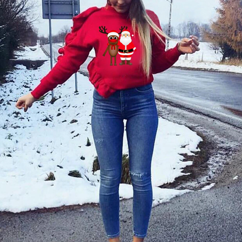 JAYCOSIA New Hot Fashion Blouses Women Ruffles Long Sleeve Loose Xmas Christmas Deer Print Pullover Blouse Top Clothing 1030