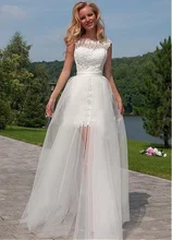 

Cheap Lace Beach Wedding Dresses With Detachable Train Tulle Backless Bateau Sleeveless High Low Cheap Wedding Party Bridal