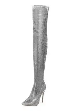 Black Gold Blue Red Sliver Lavender Solid Python Woman Slim Pointed Toe Thin Heels Over The Knee Thigh Long Elastic Boots - Color: as picture