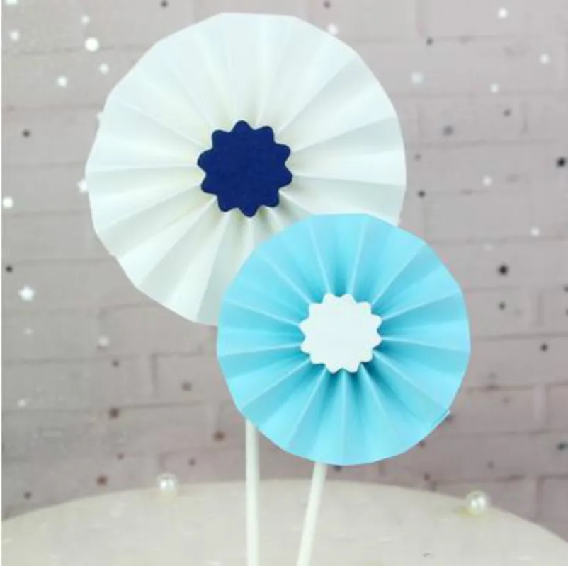 White Blue 2pcs Украшение для выпечки торта, мини-Бумажный вентилятор, цветок, Подсолнух, украшение, карты, вставки, вечерние, десертные, перевязочные материалы - Цвет: White Blue 2pcs
