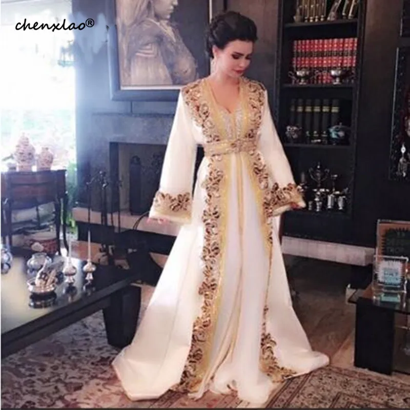 Новые белые бисерные мусульманские Длинные вечерние платья роскошный марокканский Восточный халат с поясом из г. Дубай платье с длинными рукавами официальное вечернее платье вечерние платья