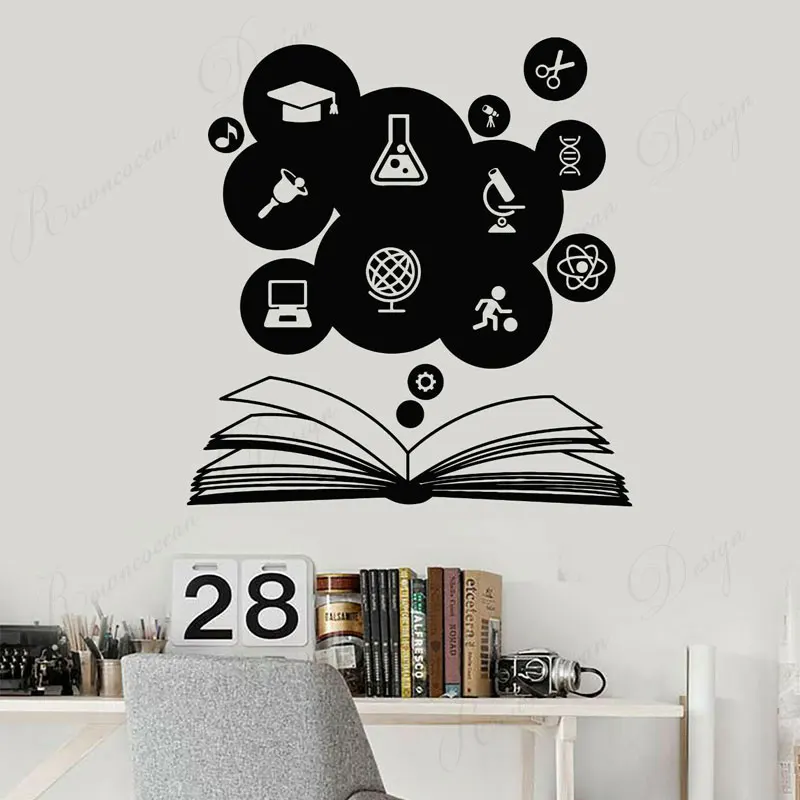 Education Science Open Book School Classroom Wall Stickers Vinyl Art Home Decor Reading Room Study Decals Removable Murals 4341 | Дом и сад
