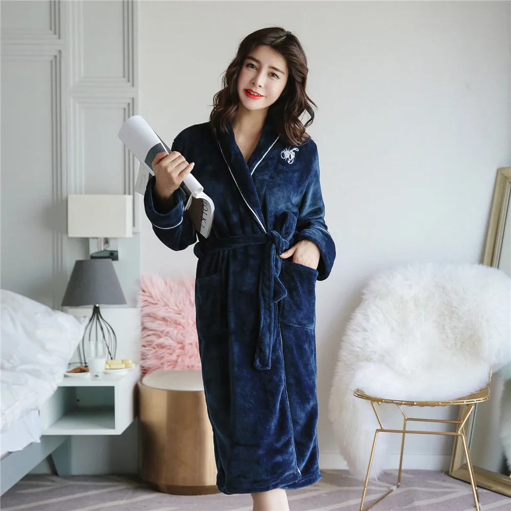 

Elegant Solid Navy Blue Women Kimono Robe Gown Winter Keep Warm Flannel Homewear Nightgown Casual Soft Belt Bath Gown Nightwear