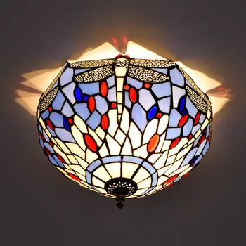 

30cm Mediterranean Blue Dragonfly Beads Colored Glass Restaurant Bedroom Aisle Corridor Bathroom Glass Ceiling Lamp