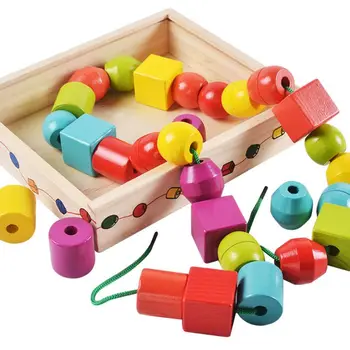 

Wooden Children Puzzle Shape Cognitive Hand-eye Coordination Beaded Toy Rope Wearing Stringing Building Blocks Kids Gifts