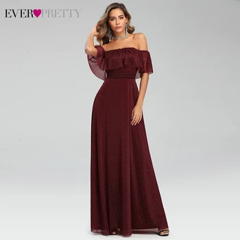 

Sparkle Burgundy Prom Dresses Long Ever Pretty A-Line Off The Shoulder Ruffles Elastic Band Sexy Party Gowns Vestidos De Gala