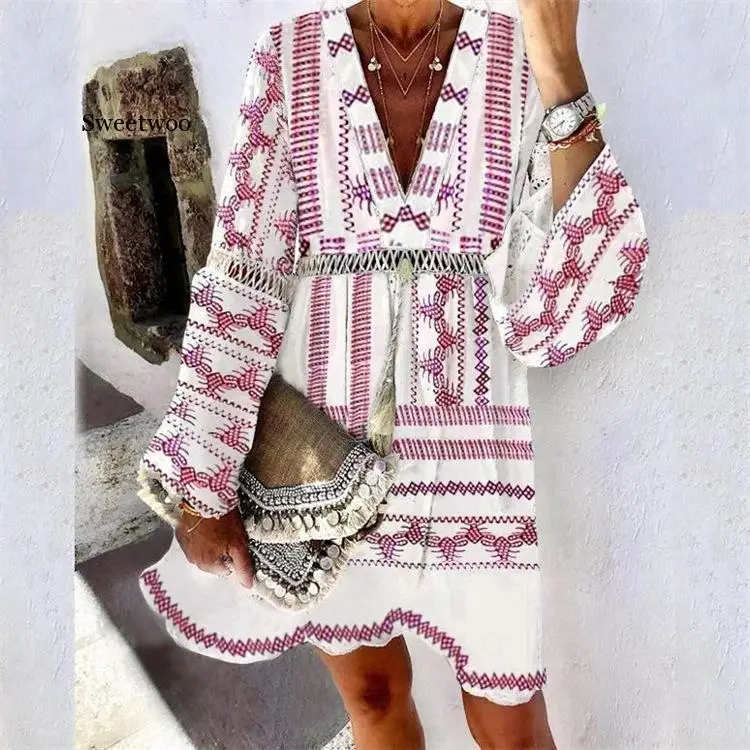 

Women's Printed Tassels V-neck Bell Sleeve Pullover Dress Beach dress