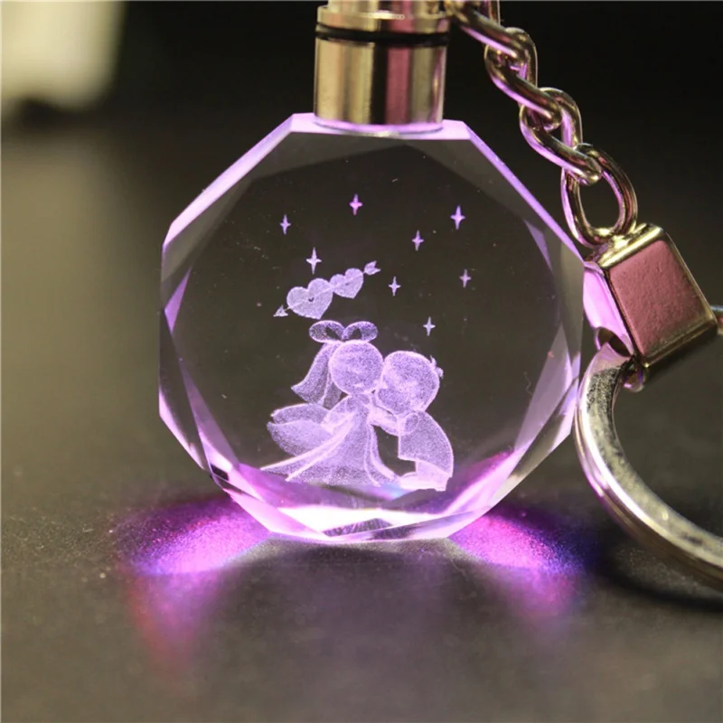 LED Crystal Key Chain Laser Engraved Changeable Colorful Key Ring Valentine s Day Gift Keychain for Couple Trinket