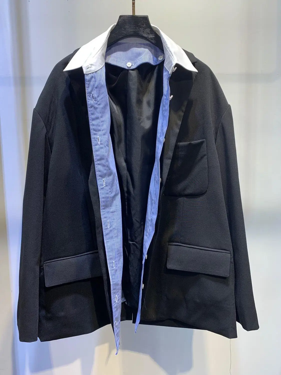 

2019FW winner new women striped patchwork blazer coat female fake two piece loose jacket coat ddxgz2