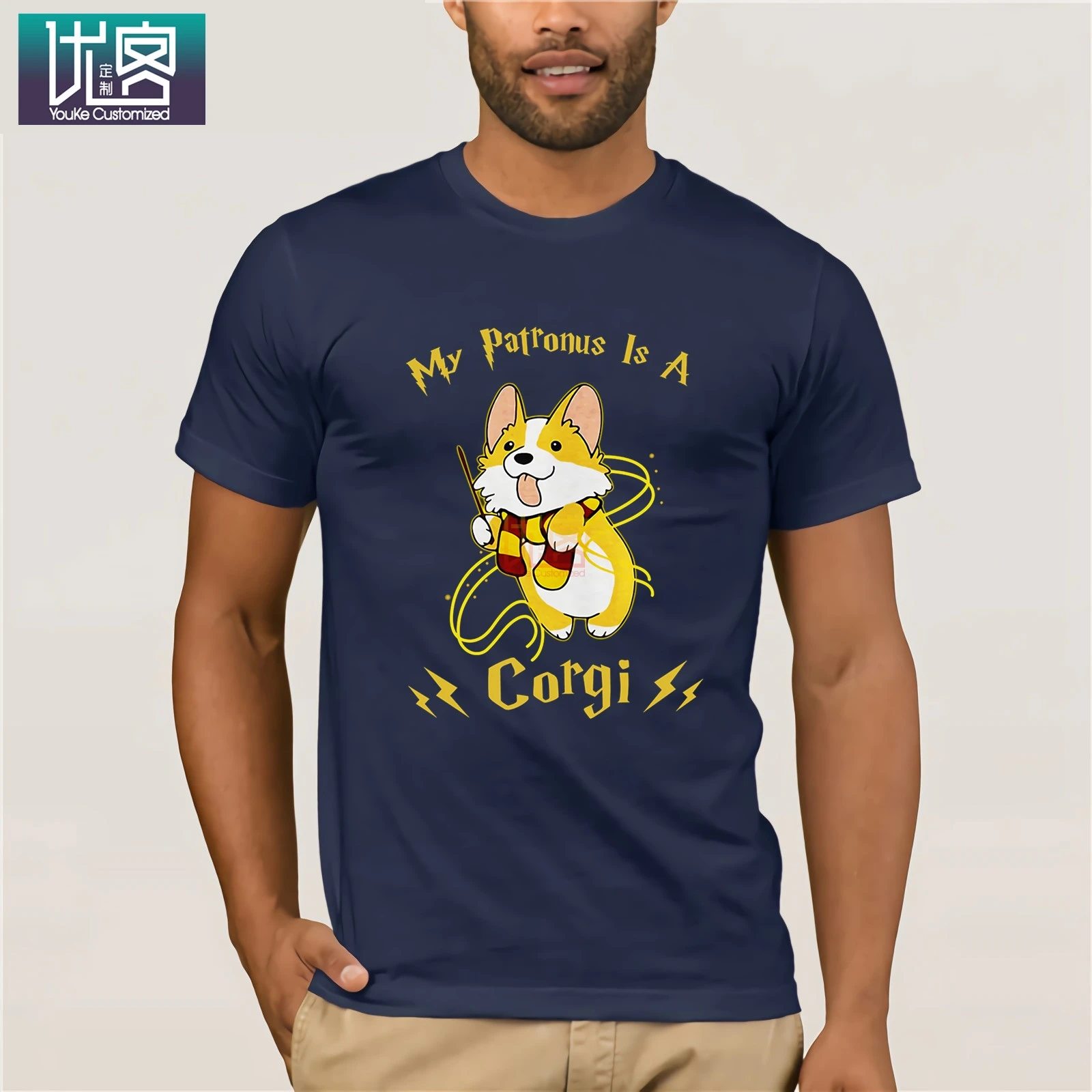 My Patronus Is Corgi,, летняя мужская футболка с коротким рукавом, хлопковая футболка, подарок, повседневные футболки, хлопок, одежда, футболка - Цвет: navy